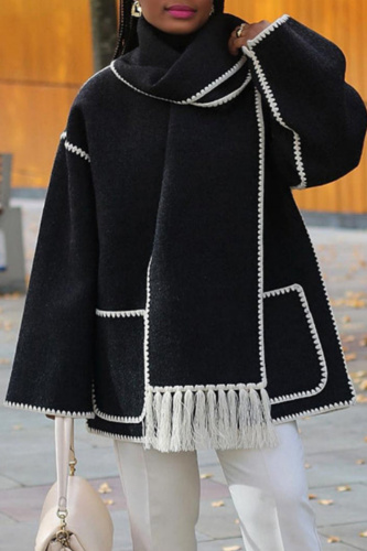 Black White Fringe Trim Long Sleeve Woolen Coat Contrast Stitching High Neck Winter Oversized Outerwear