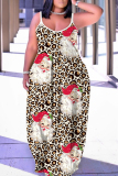 Leopard Christmas Graphcis Print U Neck Backless Spaghetti Strap Floor Length Vacation Baggy Sundress Slip Maxi Dress