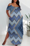 Multicolor Casual African Denim Print U Neck Short Sleeve Side Slit Loose T-Shirt Maxi Dress