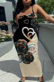 Black White Casual Floral Print Sleeveless Backless Spaghetti Strap Long Bodycon Maxi Slip Dress