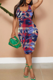 Navy Blue Casual Graphics Print U Neck Sleeveless Vacation Bodycon Midi Tank Dress