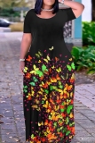 Reddish Brown Casual Graphics Print O Neck Short Sleeve Straignt T Shirt Maxi Dresses