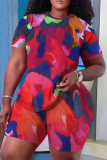 Rose Red Casual Floral Print O Neck Short Sleeve Oversize T Shirt And Shorts Set Sportwear Plus Size Two Piece Matching Set