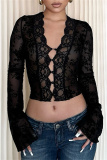 Black V Neck Long Sleeve See-Through Mesh Lace Cardigan Crop Tops