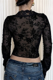 Black V Neck Long Sleeve See-Through Mesh Lace Cardigan Crop Tops