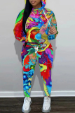 Green Graphcis Print Long Sleeve Hooded Sweatshirt And Drawstring Pants Sportwear Casual Two Pieces Sweatpant Set