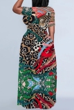 Reddish Brown Casual Graphics Print O Neck Short Sleeve Straignt T Shirt Maxi Dresses