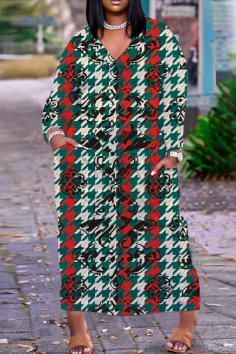 Red Green Casual African Graphcis Print V Neck Long Sleeve Pokcets Vacation Loose Straight Fall Winter Maxi Dress