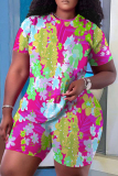 Rose Red Casual Floral Print O Neck Short Sleeve Oversize T Shirt And Shorts Set Sportwear Plus Size Two Piece Matching Set