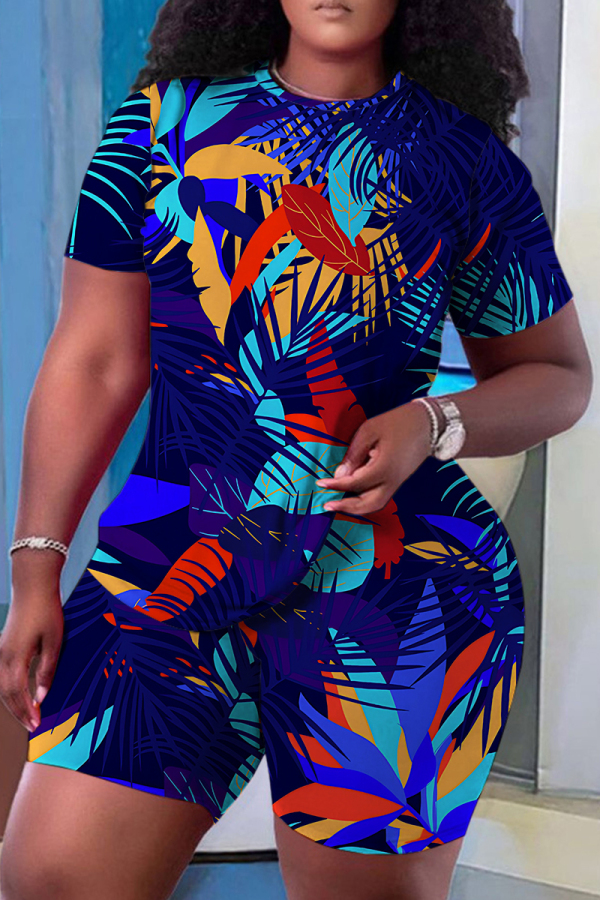 Rose Red Casual Floral Print O Neck Short Sleeve Oversize T Shirt And Shorts Set Sportwear Plus Size Two Piece Matching Set