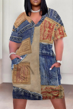 Light Blue Casual Faux Denim Print V Neck Short Sleeve Plus Size Loose Pockets Midi T-Shirt Dress