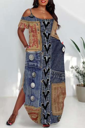 Multicolor Casual African Denim Print U Neck Short Sleeve Side Slit Loose T-Shirt Maxi Dress