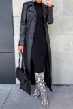 Black Casual Turndown Collar Long Sleeve Buttons Longline Faux Leather Jackets