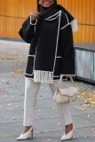 Black White Fringe Trim Long Sleeve Woolen Coat Contrast Stitching High Neck Winter Oversized Outerwear