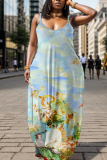 Watermelon Red Floral Print U Neck Backless Spaghetti Strap Floor Length Vacation Baggy Sundress Slip Maxi Dress
