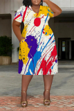 Black Casual Graphcis Print V Neck Short Sleeve Plus Size Loose Pockets Midi T-Shirt Dress