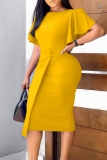 Purple O Neck Ruffle Sleeve One Step Skirt Short Sleeve Formal Office Lady Bodycon Midi Dresses