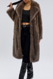 Brown Casual Turndown Collar Long Sleeve Cardigan Faux Fox Fur Long Coat