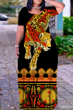 Black Orange Casual Graphics Print O Neck Short Sleeve Straignt T Shirt Maxi Dresses