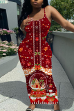 Red Casual Graphcis Print Sleeveless Backless Spaghetti Strap Long Bodycon Maxi Slip Dress