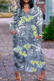 Khaki Casual African Graphcis Print V Neck Long Sleeve Pokcets Vacation Loose Straight Fall Winter Maxi Dress
