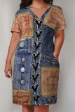 Light Blue Casual Faux Denim Print V Neck Short Sleeve Plus Size Loose Pockets Midi T-Shirt Dress