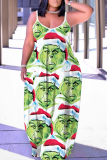 Leopard Christmas Graphcis Print U Neck Backless Spaghetti Strap Floor Length Vacation Baggy Sundress Slip Maxi Dress