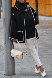 Black White Fringe Trim Long Sleeve Woolen Coat Contrast Stitching High Neck Winter Oversized Outerwear