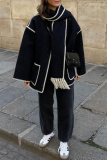 Black White Fringe Trim Long Sleeve Woolen Coat Contrast Stitching High Neck Winter Oversized Outerwear