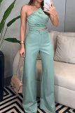 Green Strapless Sleeveless Irregular Ruched Tube Crop Tops And Wide Leg Pants Formal Office Lady Two Pieces Trouser Sets