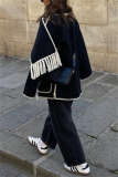 Black White Fringe Trim Long Sleeve Woolen Coat Contrast Stitching High Neck Winter Oversized Outerwear