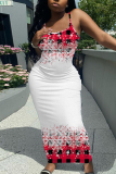 Red Casual Graphcis Print Sleeveless Backless Spaghetti Strap Long Bodycon Maxi Slip Dress