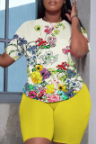 Yellow Casual Floral Butterfly Print O Neck Short Sleeve Oversize T Shirt And Shorts Set Sportwear Plus Size Two Piece Matching Set