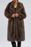 Brown Casual Turndown Collar Long Sleeve Cardigan Faux Fox Fur Long Coat