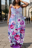 Watermelon Red Floral Print U Neck Backless Spaghetti Strap Floor Length Vacation Baggy Sundress Slip Maxi Dress