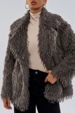 Khaki Casual Turndown Collar Long Sleeve Faux Fur Cardigan Jackets