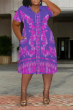 Black Casual Graphcis Print V Neck Short Sleeve Plus Size Loose Pockets Midi T-Shirt Dress