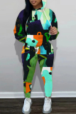 Green Graphcis Print Long Sleeve Hooded Sweatshirt And Drawstring Pants Sportwear Casual Two Pieces Sweatpant Set