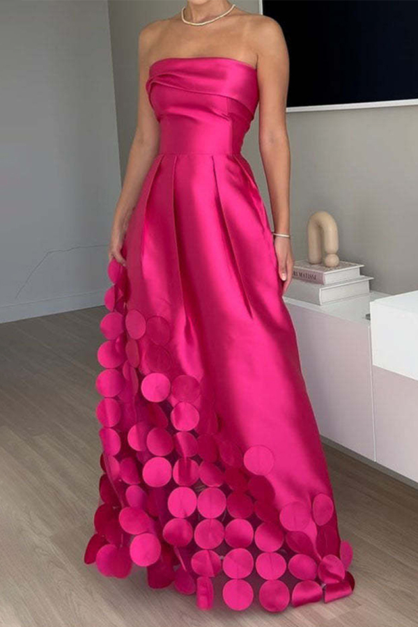 Rose Red Sleeveless Strapless Round Satin Evening Gown Formal Prom Party Ruched Tube Maxi Dresses
