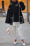 Black White Fringe Trim Long Sleeve Woolen Coat Contrast Stitching High Neck Winter Oversized Outerwear
