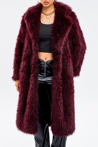 Claret Casual Turndown Collar Long Sleeve Longline Cardigan Wool Fur Coat