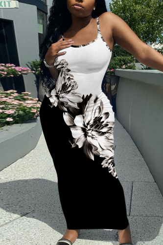 Black White Casual Floral Print Sleeveless Backless Spaghetti Strap Long Bodycon Maxi Slip Dress