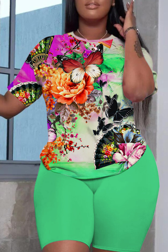 Yellow Casual Floral Butterfly Print O Neck Short Sleeve Oversize T Shirt And Shorts Set Sportwear Plus Size Two Piece Matching Set