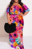 Multicolor Casual Floral Print Off Shoulder Flutter Sleeve Long Loose Vacation Plus Size Maxi Dresses