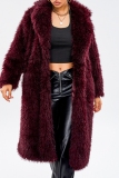 Claret Casual Turndown Collar Long Sleeve Longline Cardigan Wool Fur Coat