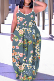 Dark Purple Floral Print U Neck Backless Spaghetti Strap Floor Length Vacation Baggy Sundress Slip Maxi Dress