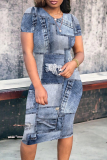 Light Blue Casual Faux Denim Print Short Sleeve O Neck Wrapped Skirt Bodycon Midi T-shirt Dresses