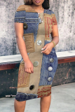 Light Blue Casual Faux Denim Print Short Sleeve O Neck Wrapped Skirt Bodycon Midi T-shirt Dresses