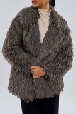 Khaki Casual Turndown Collar Long Sleeve Faux Fur Cardigan Jackets