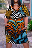 Light Blue Casual Zebra Print V Neck Short Sleeve Plus Size Loose Pockets Midi T-Shirt Dress